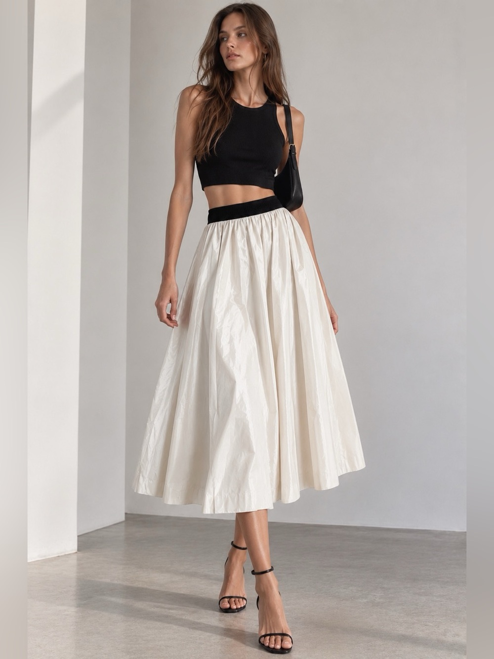 ZARA Basic Ivory Faux Leather Full Midi Skirt Black Waist Size S